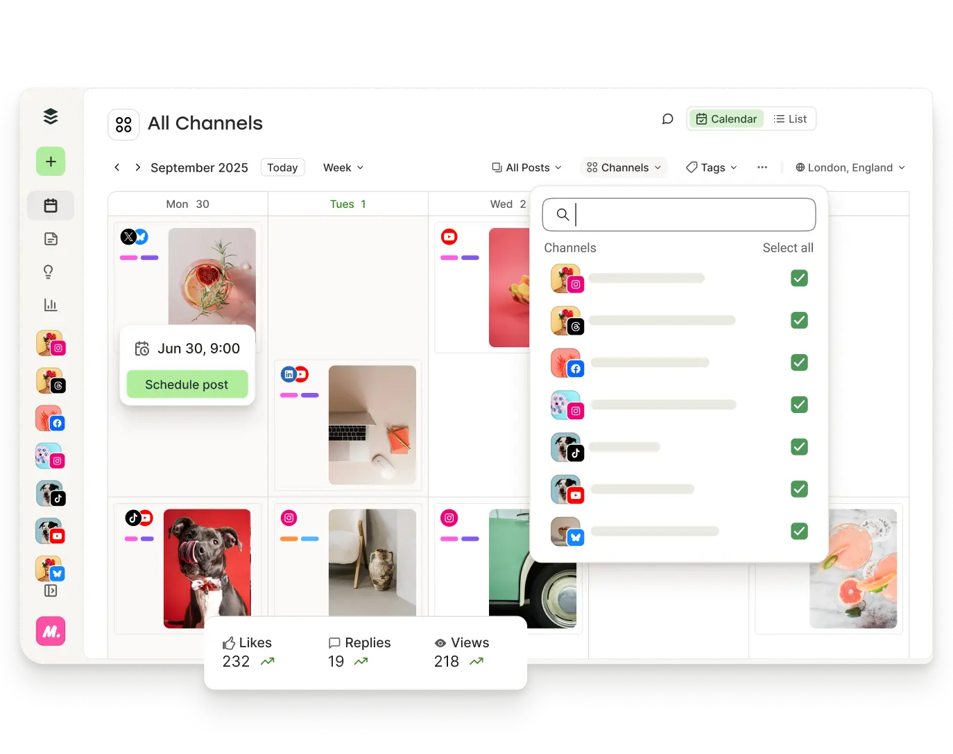 Buffer calendar view with upcoming posts and filters for channels, tags, and more.