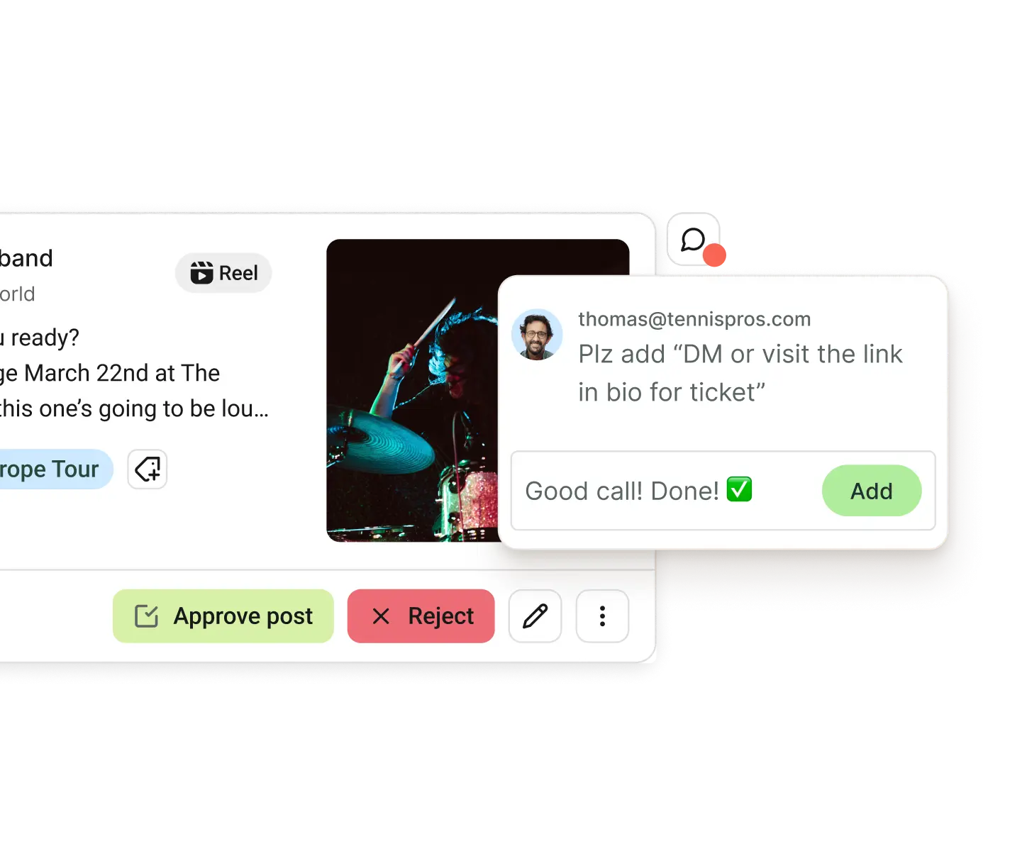 Buffer Collaborate view with feedback threads for posts and approval workflows.