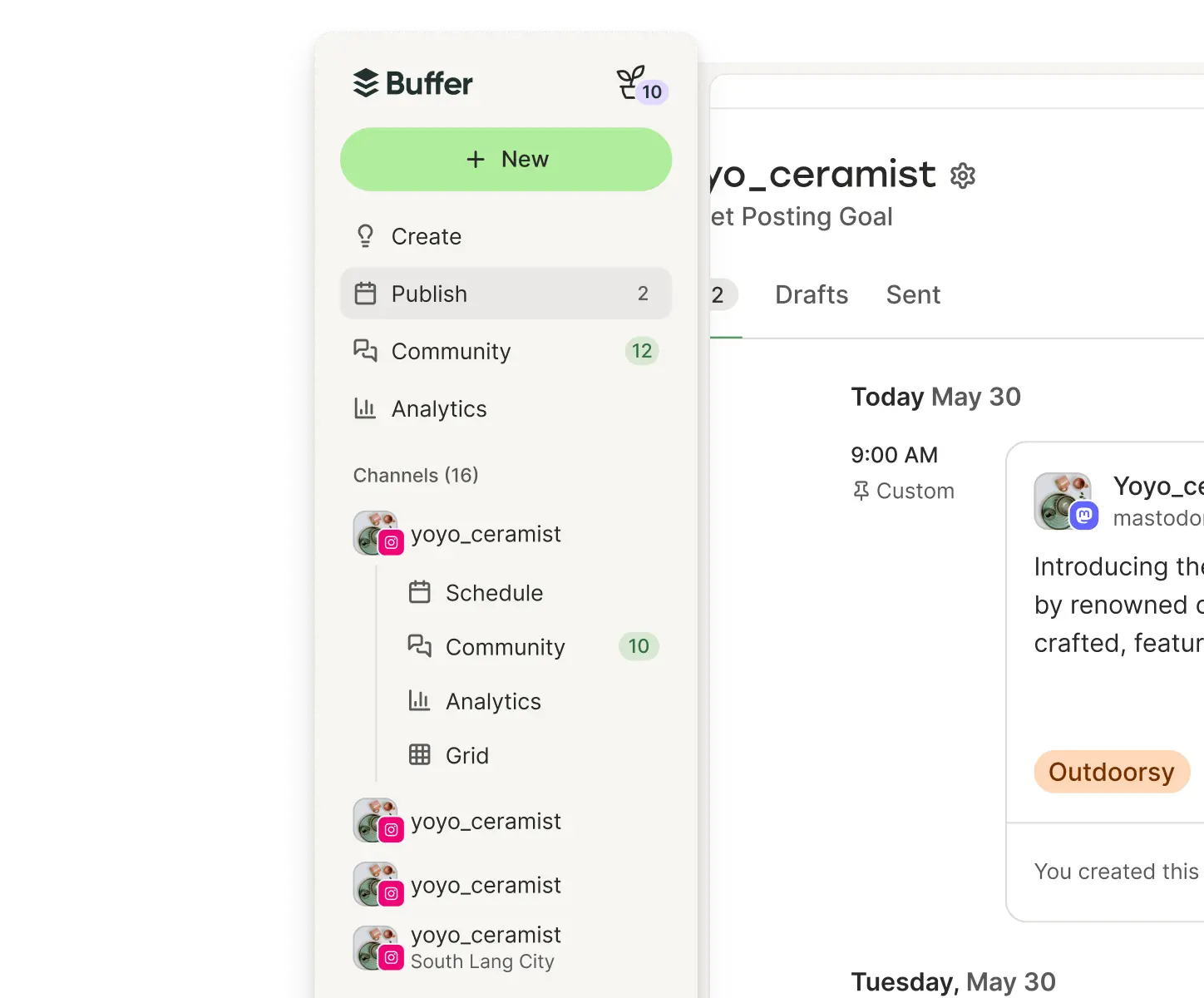Buffer web app sidebar with Create, Publish, Community, and Analytics tools.