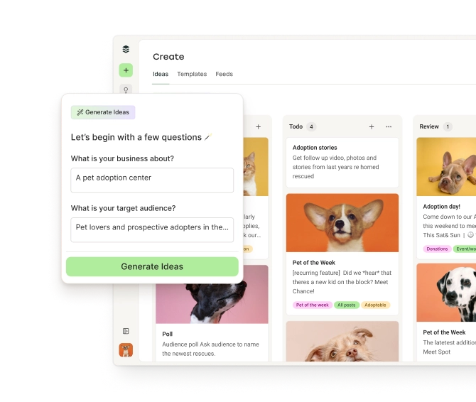 A Bluesky post ideas board in Buffer with columns to create and organize ideas by status and tags and an AI assistant to generate ideas.