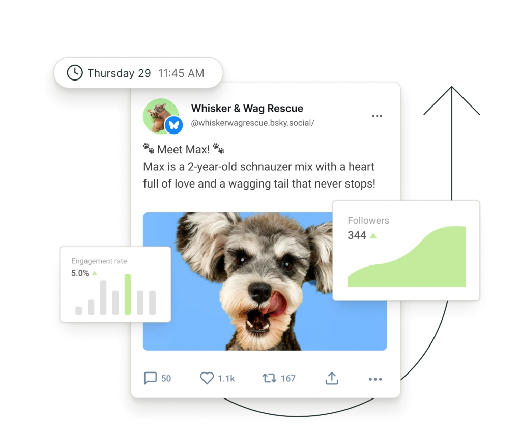 A post on Bluesky surrounded by floating graphs for followers and engagement rate.
