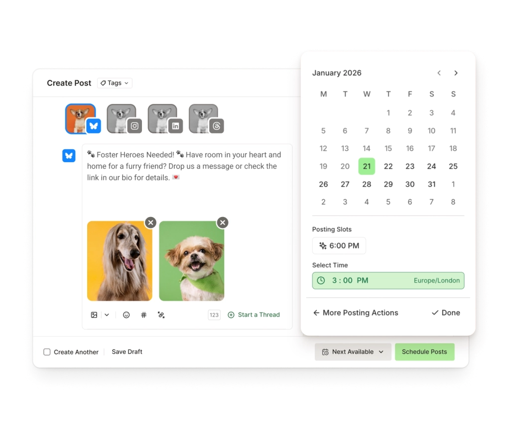 A Bluesky post create screen with text input, image attachments, and a date picker to schedule posts.