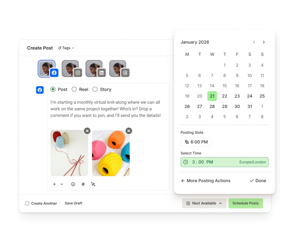 Buffer Facebook post tool with a text editor, image attachments, and scheduling options.