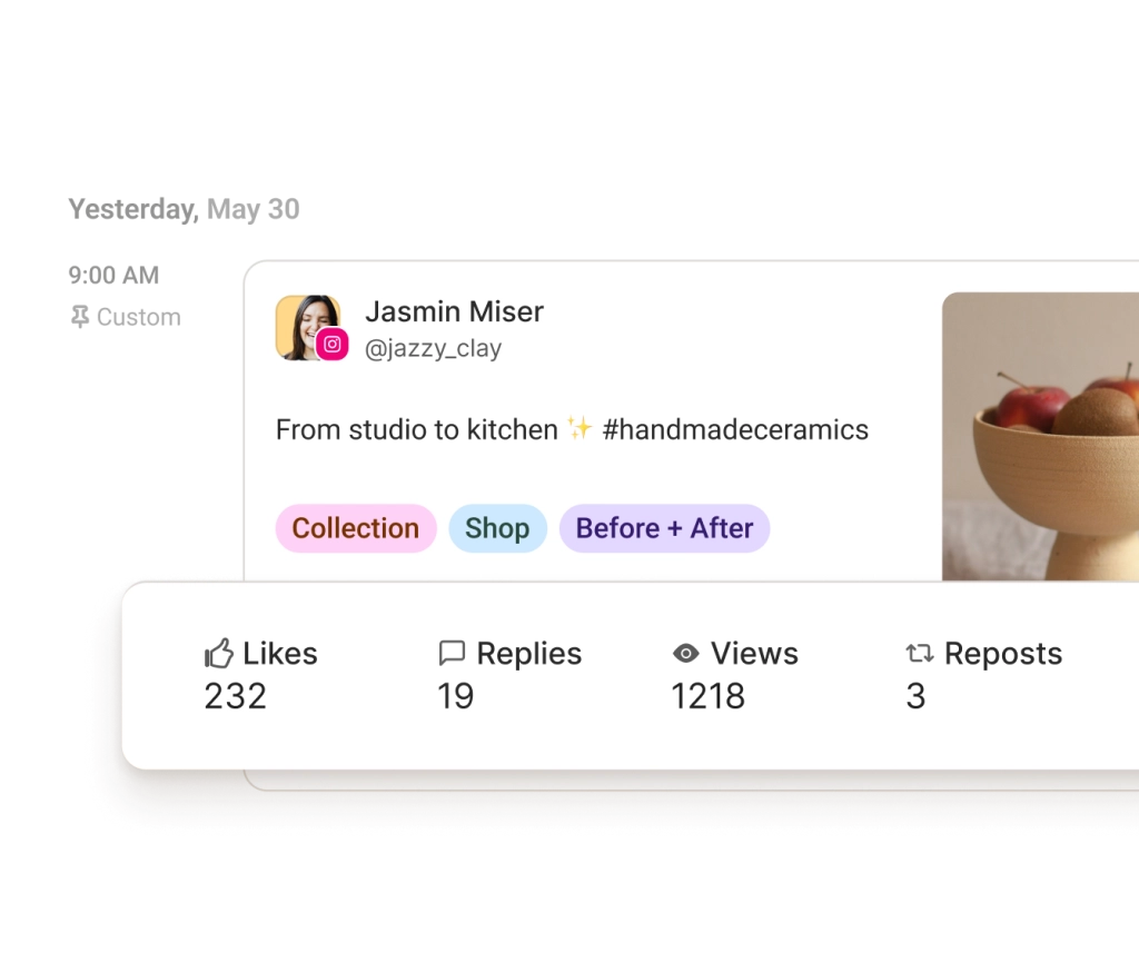 Instagram post surrounded by floating graphs for engagement rate, followers, and recommended best day to post, best type of post, and best frequency to post.