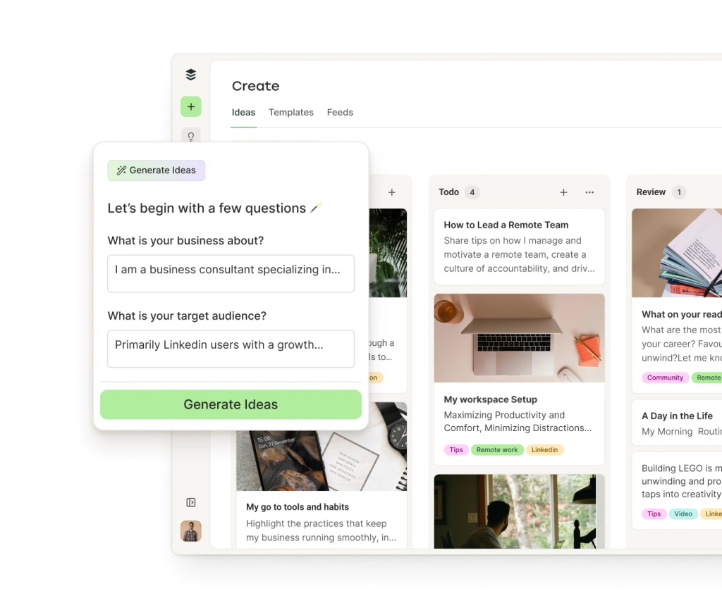 A sortable board view of LinkedIn post ideas with category columns and an AI assistant to generate post ideas.