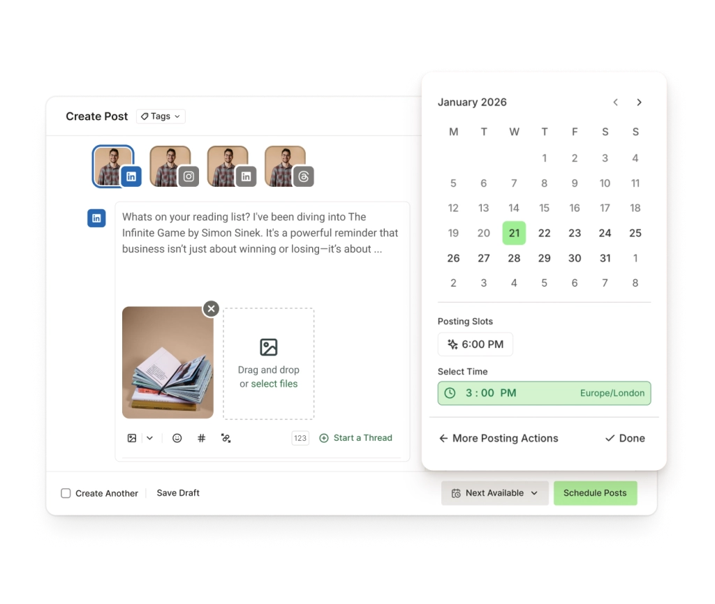 A LinkedIn post create screen with text input, image attachments, and a date picker to schedule posts.