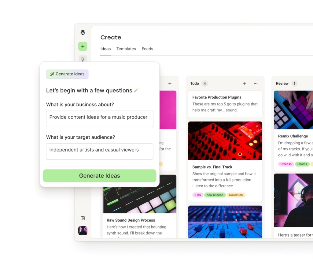 Buffer Create space with Mastodon post ideas in columns by category and an AI assistant to generate ideas.