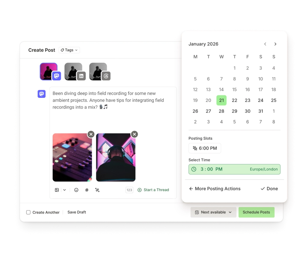 Buffer Mastodon post editor with a text editor, image attachments, and scheduling options.