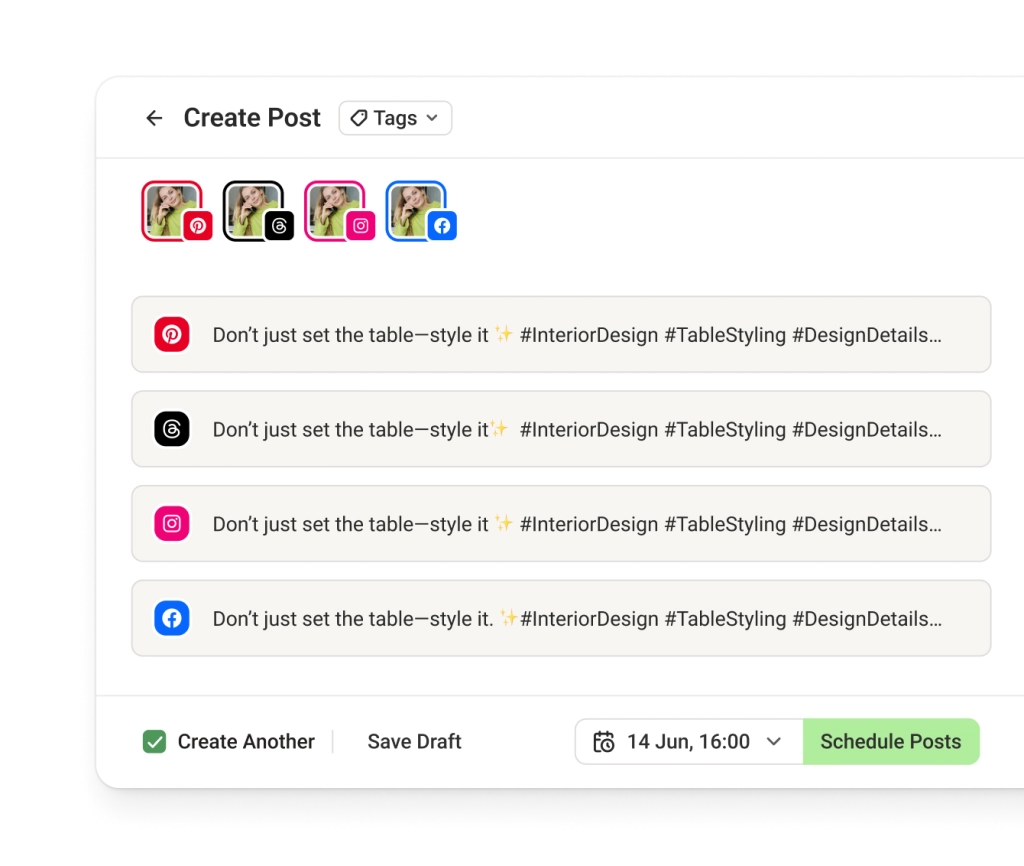 The Buffer Crosspost view with dedicated text editors for multiple social media channels, including Pinterest.