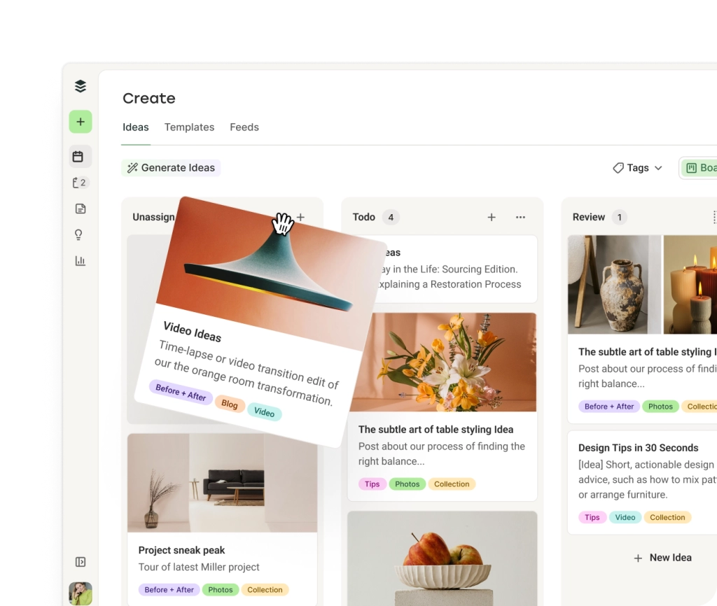 The Buffer Create space with kanban columns for posts by category and an AI Assistant for generating ideas.