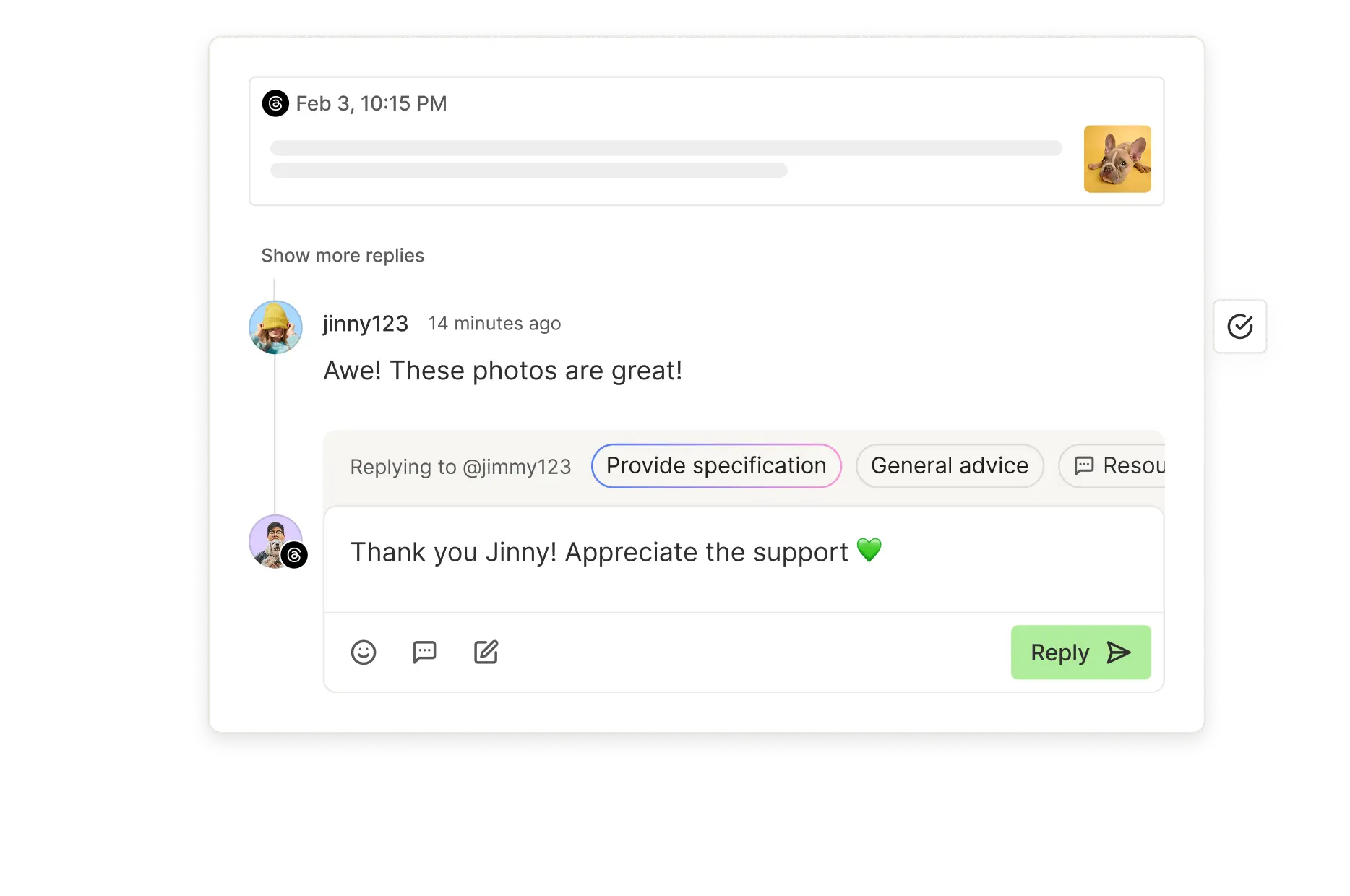 Buffer Threads community engagement view with recent comments, suggested replies, and a community score.