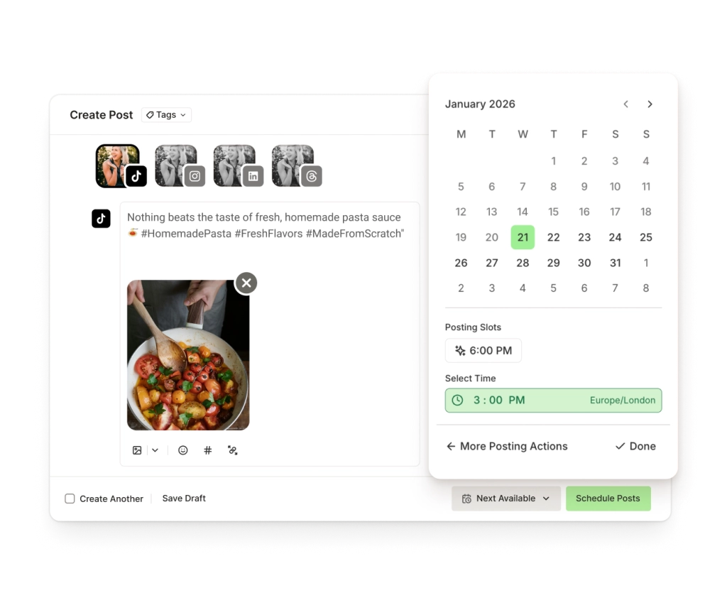 The Buffer Create view for TikTok with crosspost channels, a rich text editor, image attachment, and post scheduling controls.