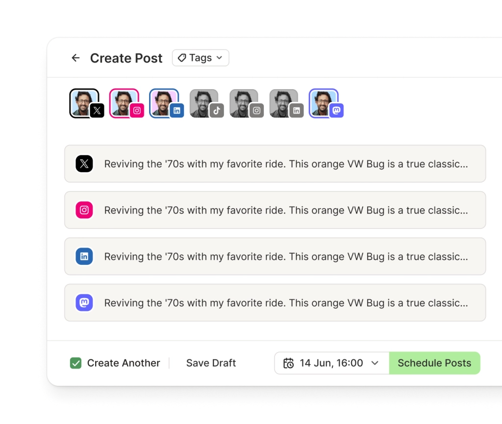 The Buffer Crosspost view with dedicated text editors for multiple social media channels, including X.