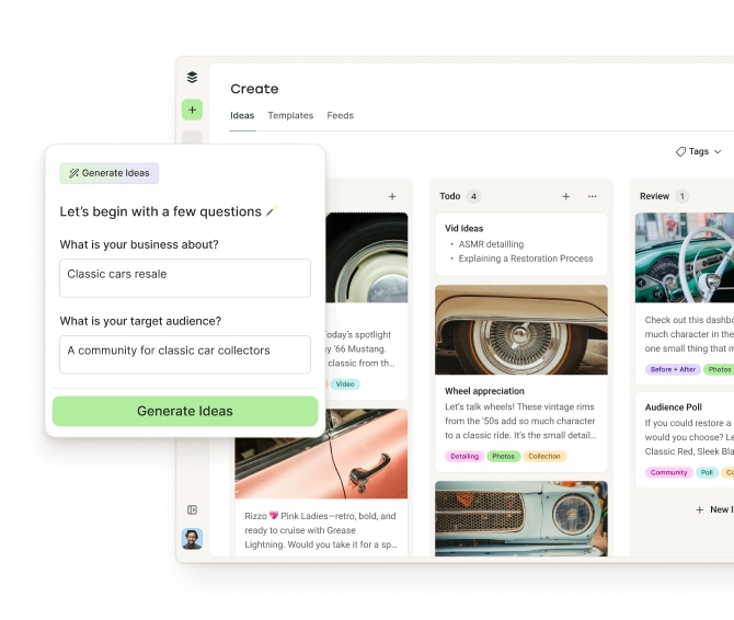 The Buffer Create space with kanban columns for posts by category and an AI Assistant for generating ideas.