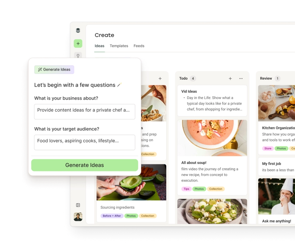 Buffer Create space with ideas in columns by category and an AI assistant to generate ideas.