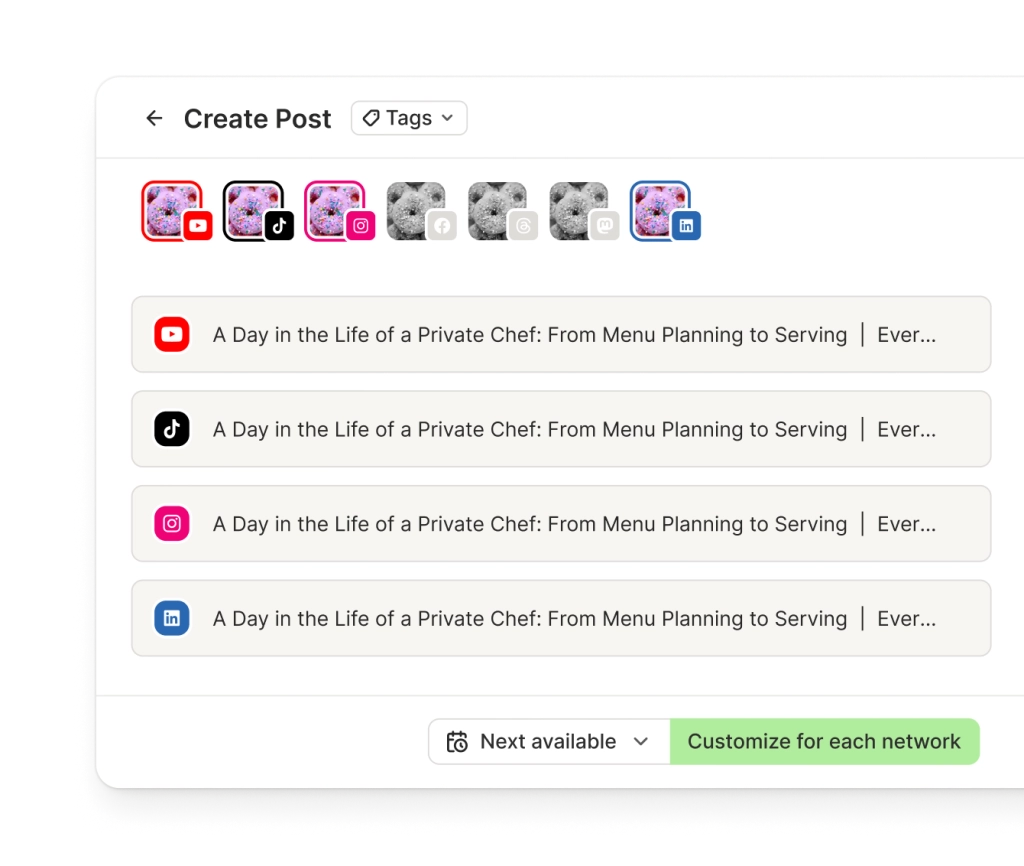 Buffer crosspost view with several social media channels and dedicated text editors per channel.