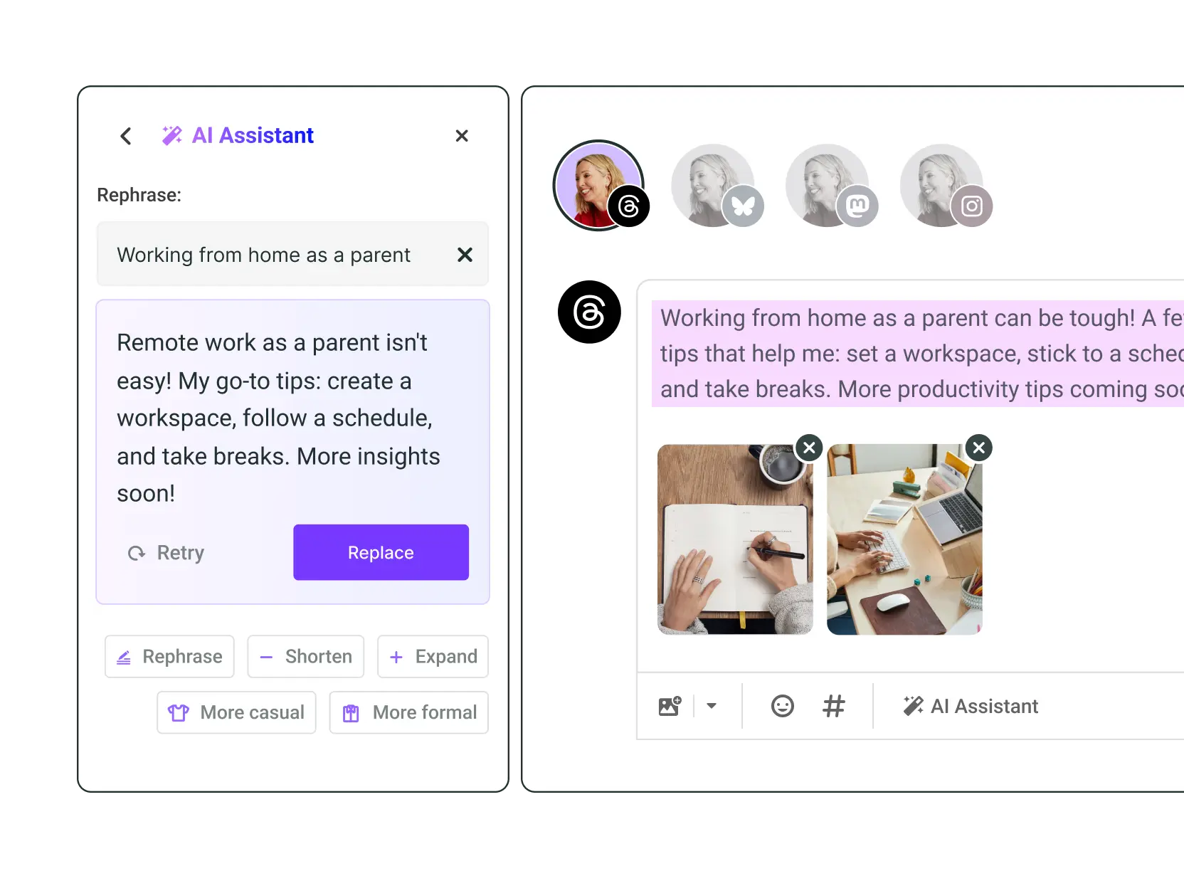 Buffer AI Assistant social media post generator with options to generate, rephrase, shorten, expand, or refine with a more casual or more formal tone.