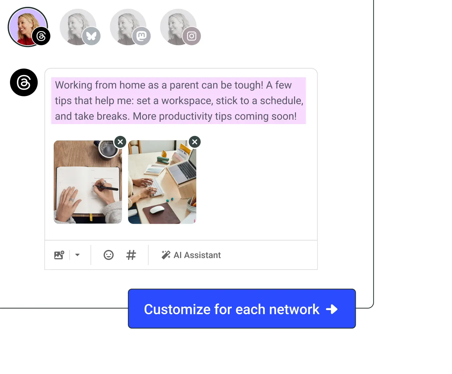 Buffer post composer with an AI Assistant option to customize the post for each social media network.