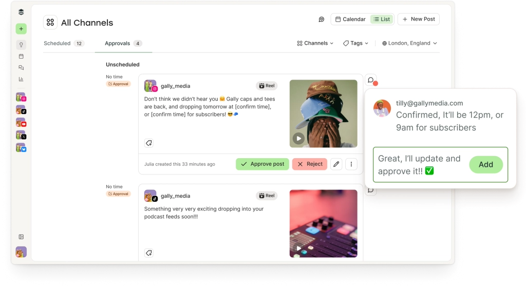 Buffer approval screen with comment threads, add to queue, move to drafts, and edit options.