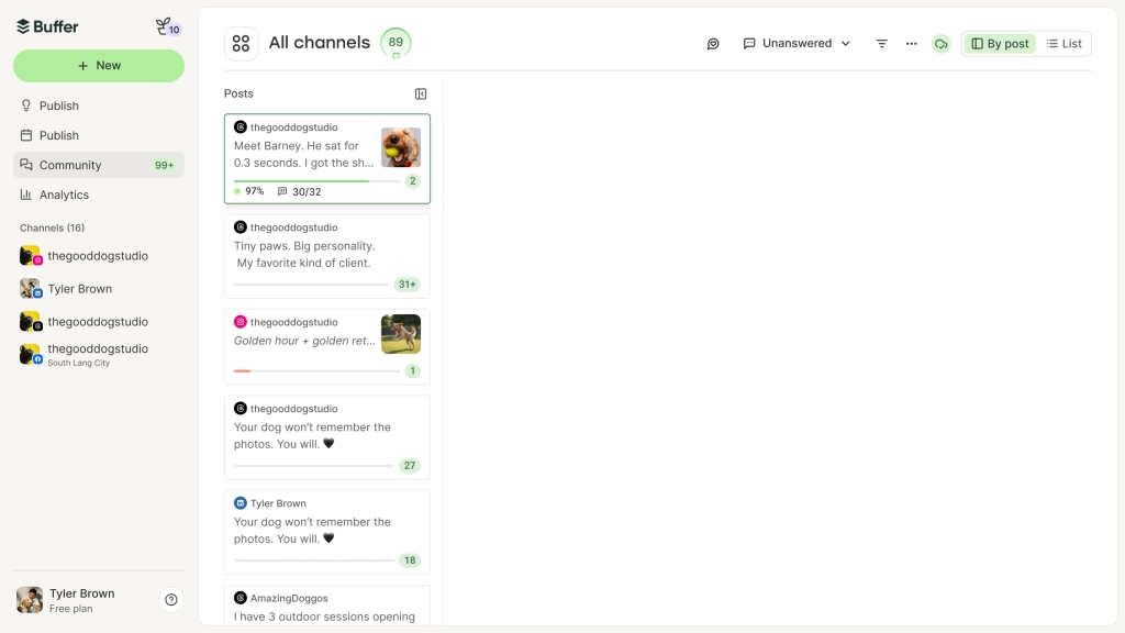 Buffer Community screen with comments by social media channel, comment sorting and filters, and comment score metrics.