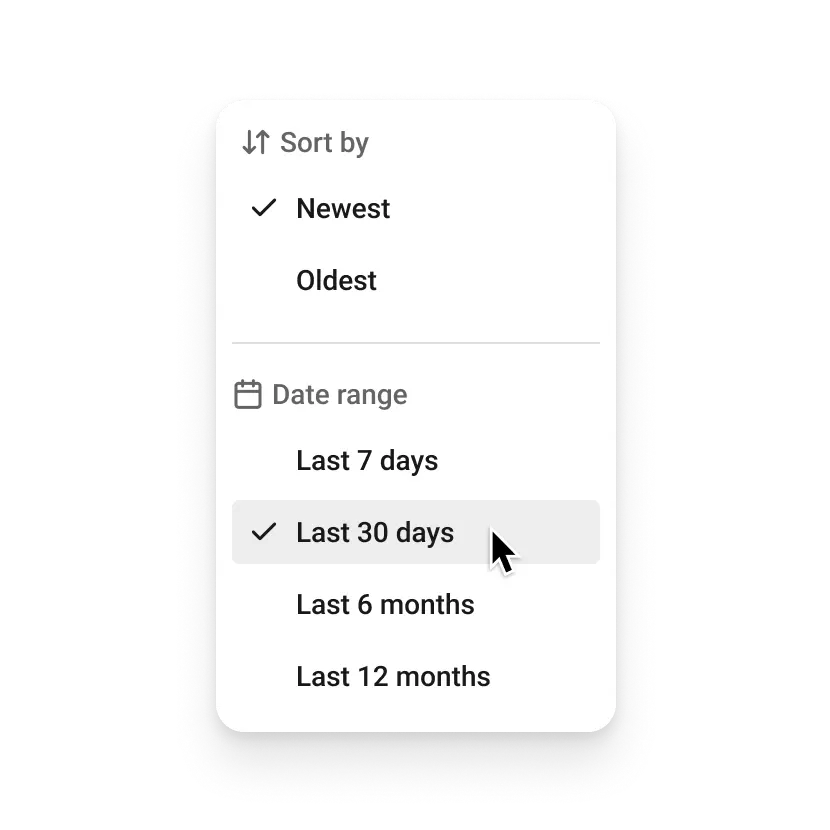 Buffer Community comments filter and sorting menu with options for newest and oldest sorting and date range filters.
