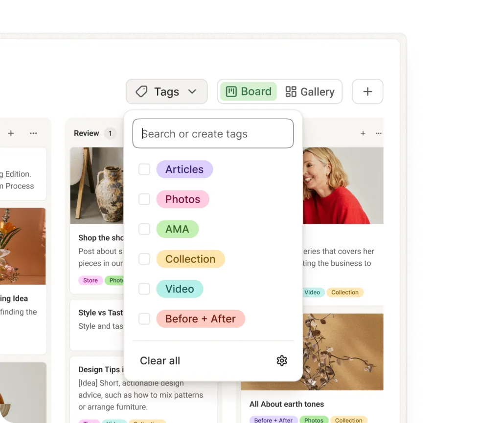 Buffer tag management view with an add tag drop down featuring custom tags and colors.