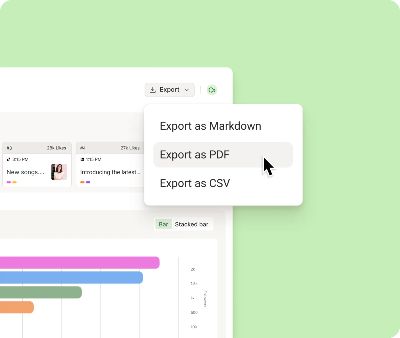 The All Channels report with top posts, an export menu, and a followers bar chart