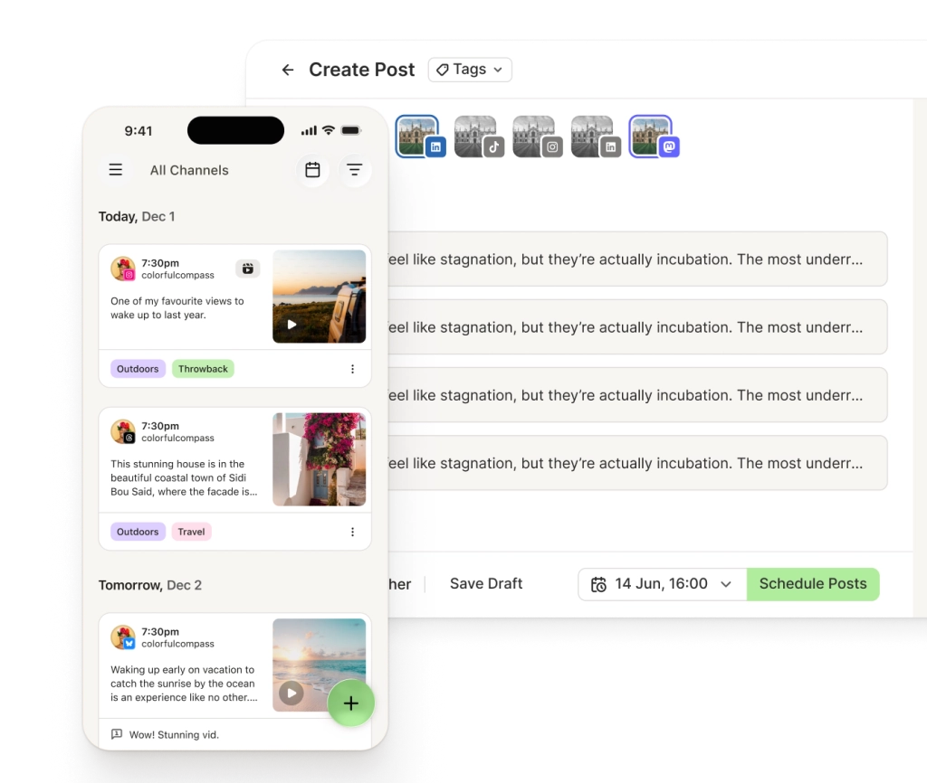 Buffer post publish view with social media channel selector and previews for each channel.