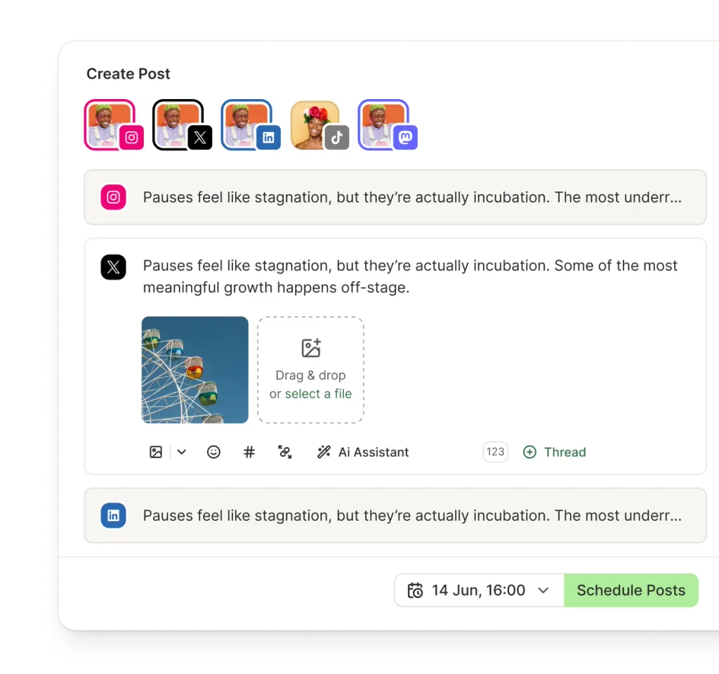 Buffer post editor with text and image attachments, social media channel selector, and scheduling options.
