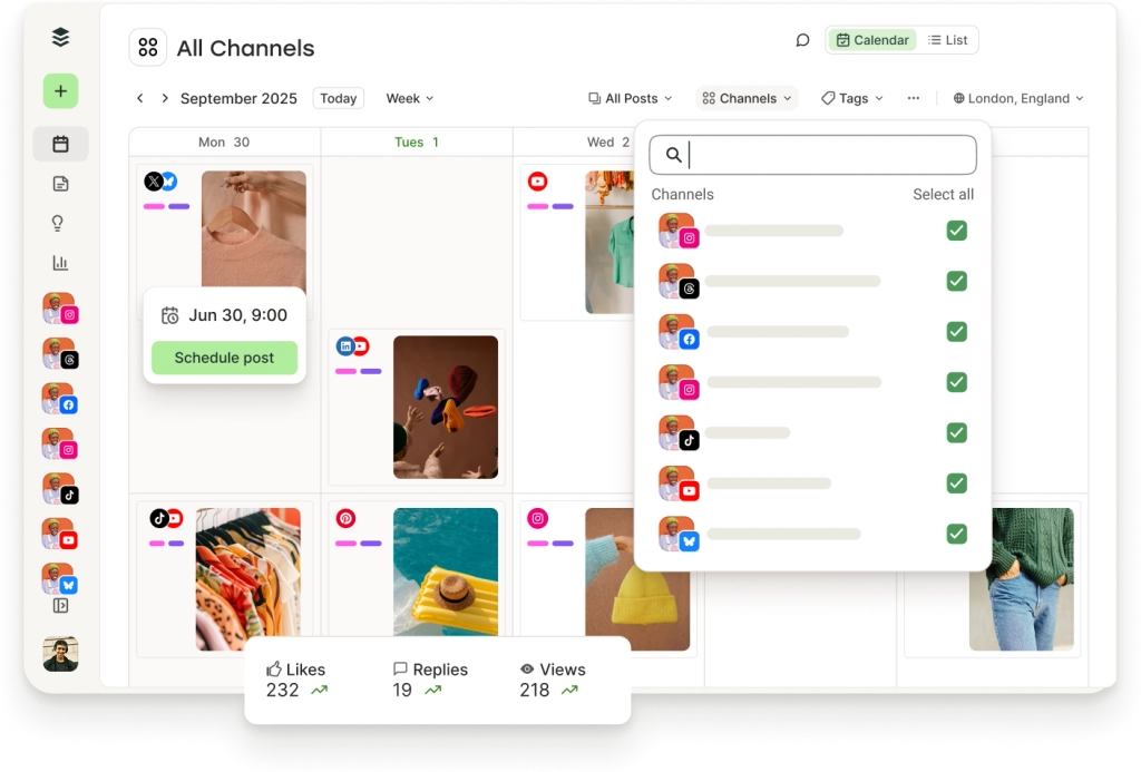 Buffer Publish view with queue, drafts, approvals, and sent tabs and a feed of upcoming scheduled posts.