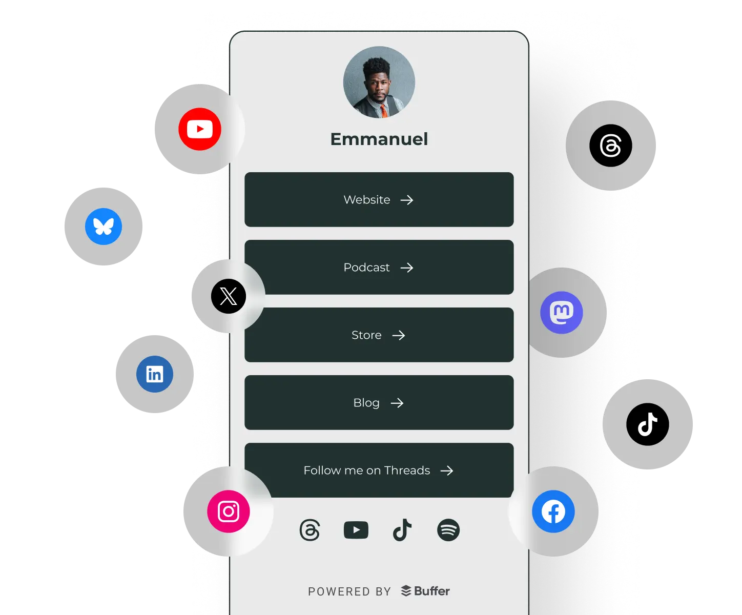 Buffer Start Page profile with links to a personal website, podcast, store, blog, and social media channels.