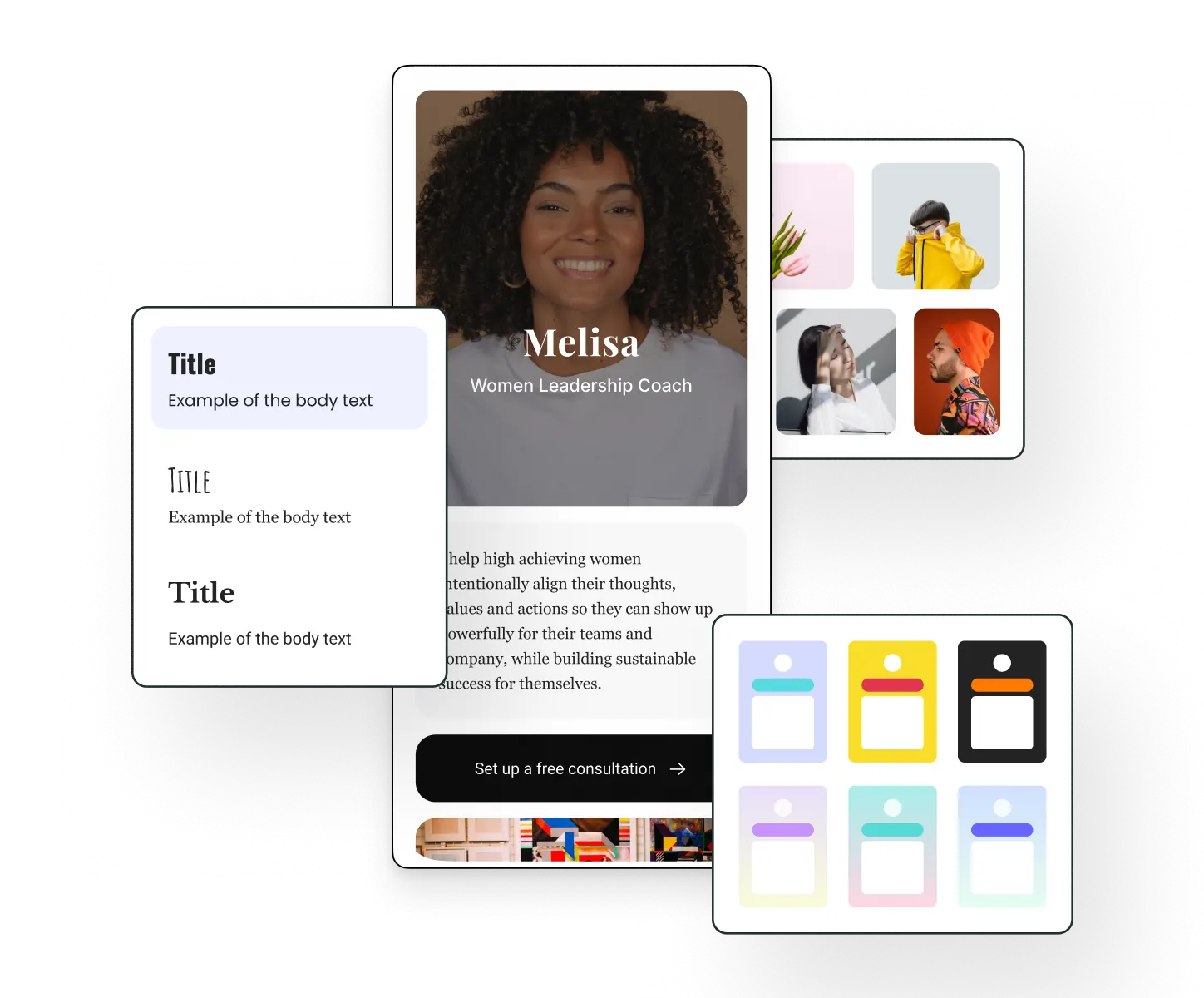 Buffer Start Page editor with text, typography styles, profile color themes, and image grid editing options.