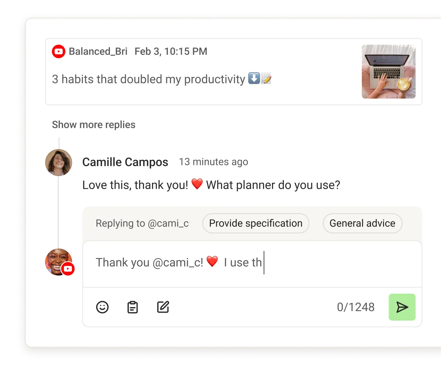 Buffer Community view with recent comments, suggested replies, and comment score metrics.