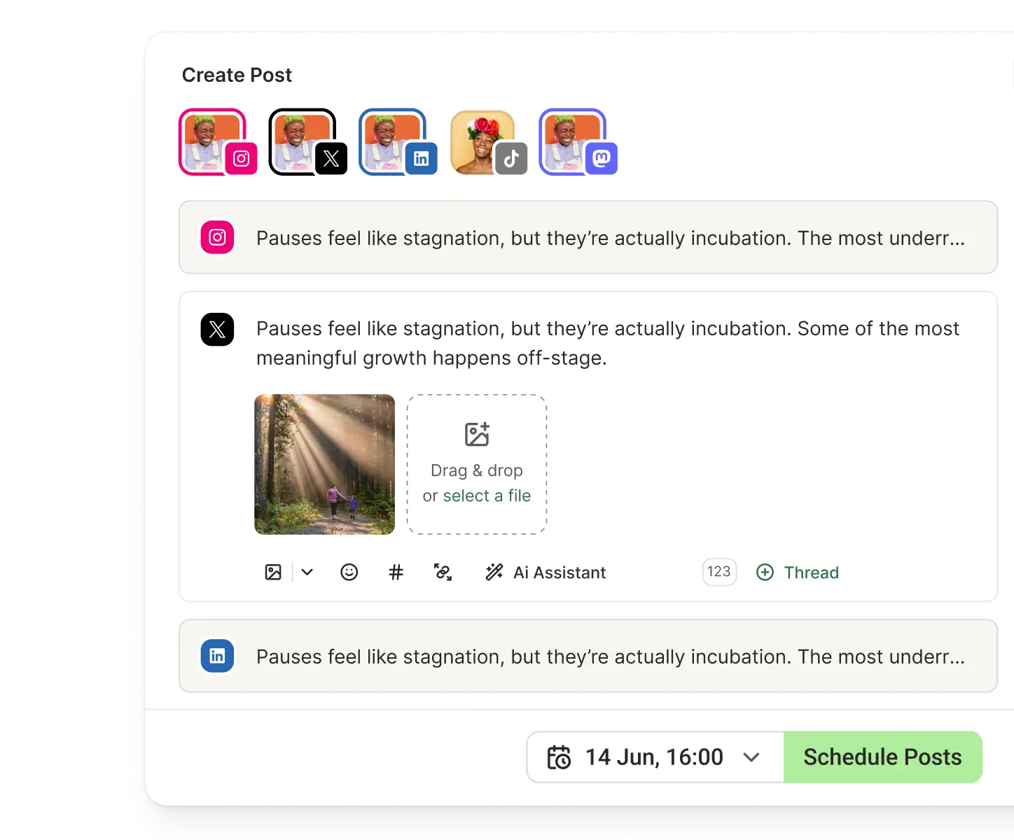 Buffer Create Post view with editors and previews for each social media platform, including an AI Assistant and thread options.