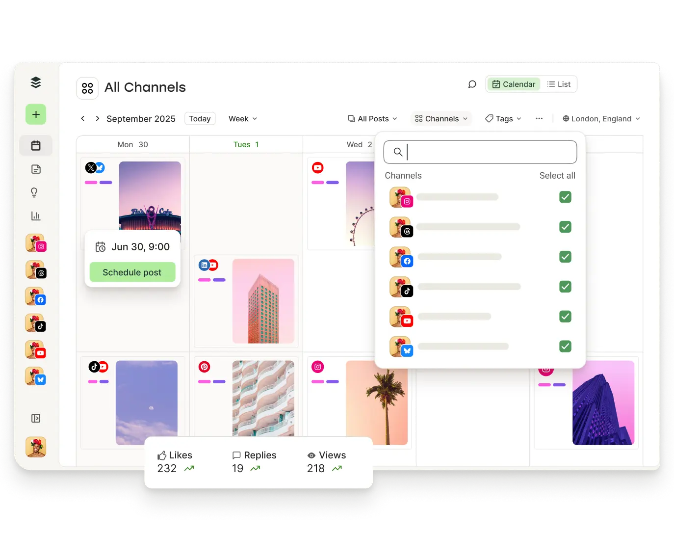 Buffer calendar view with upcoming posts and filters for channels, tags, and more.