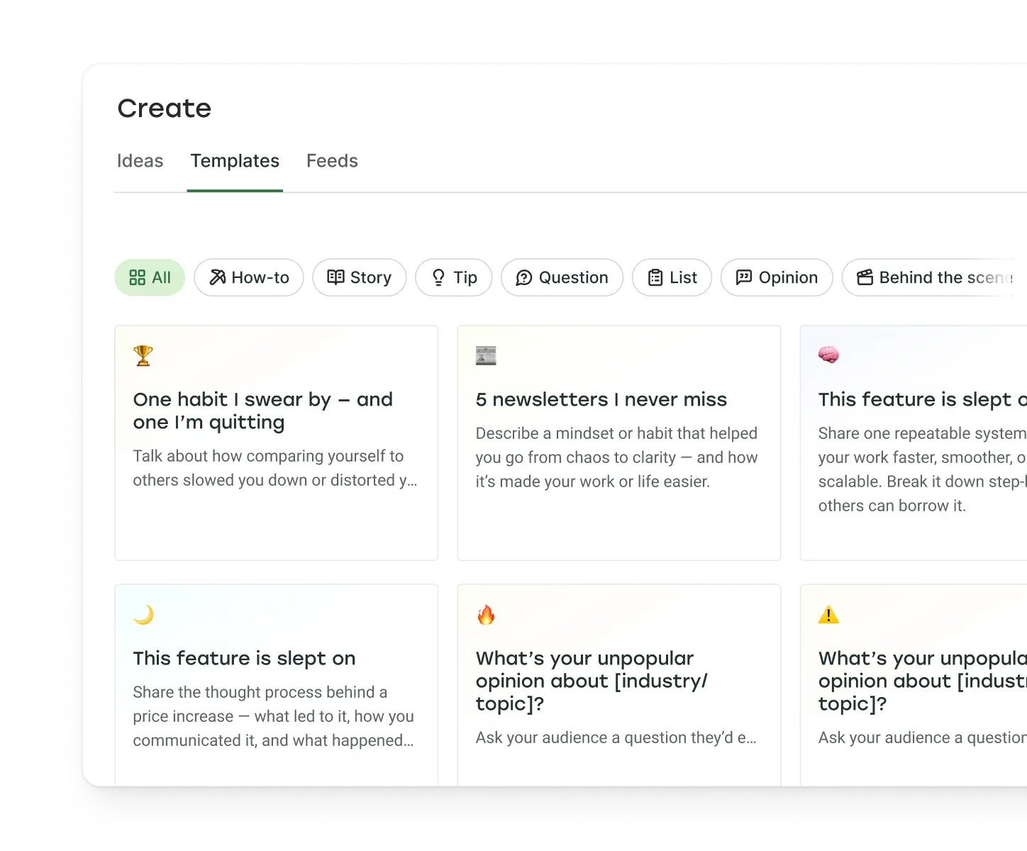 Buffer Templates with social media post ideas across categories.