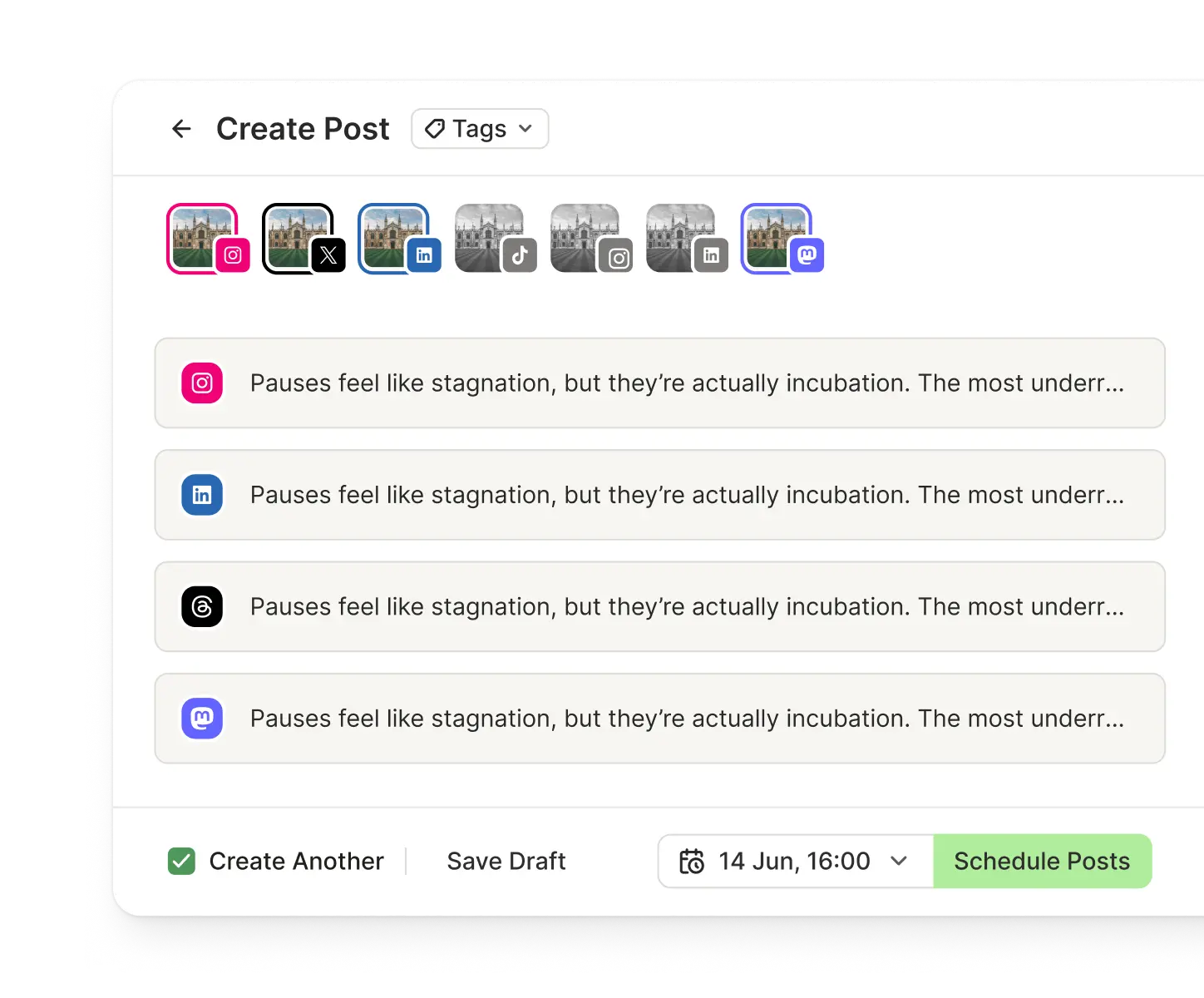 Buffer Create view with post editors for each social media platform.
