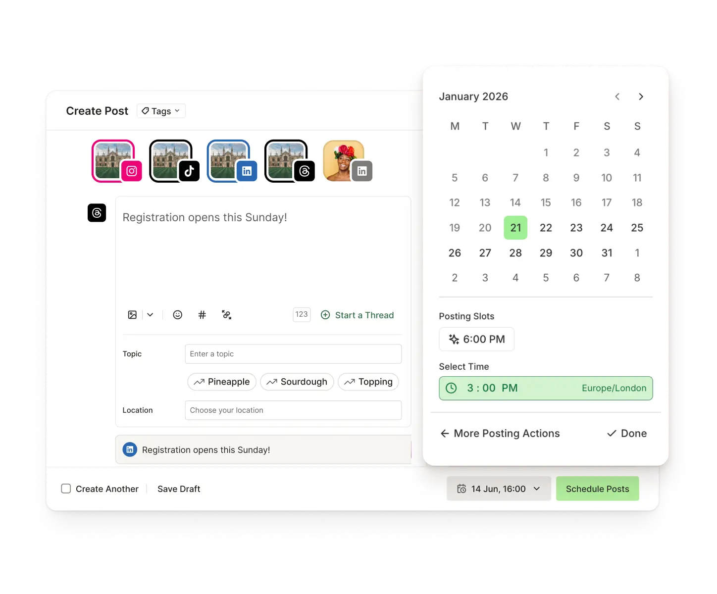 Buffer Publish view with scheduling for posting at a future date and time.