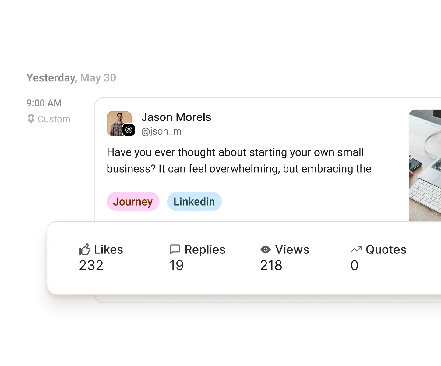 Buffer Analyze view with likes, replies, views, quotes, and more for each post.
