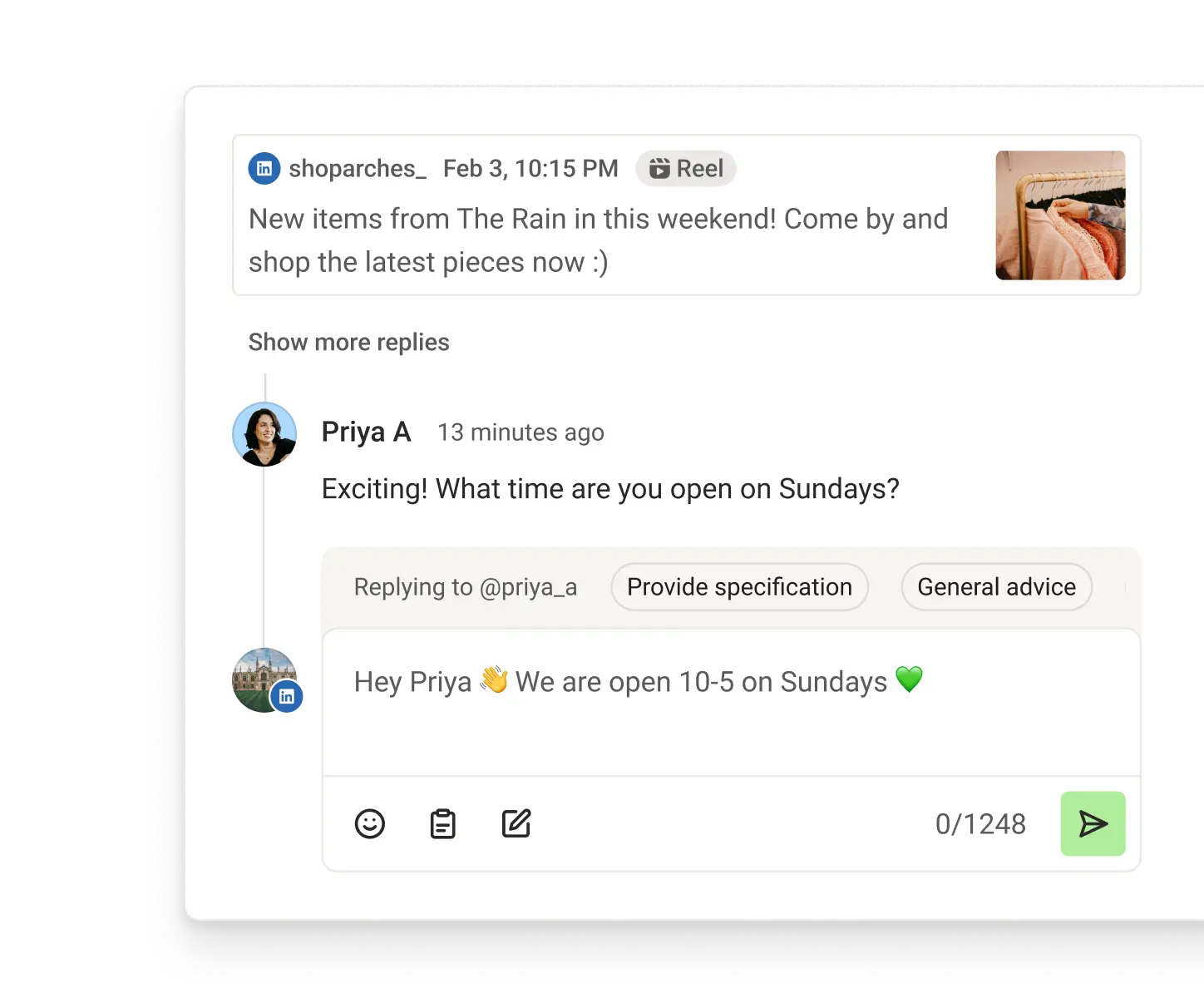 Buffer Community view with recent comments, suggested replies, and comment score metrics.