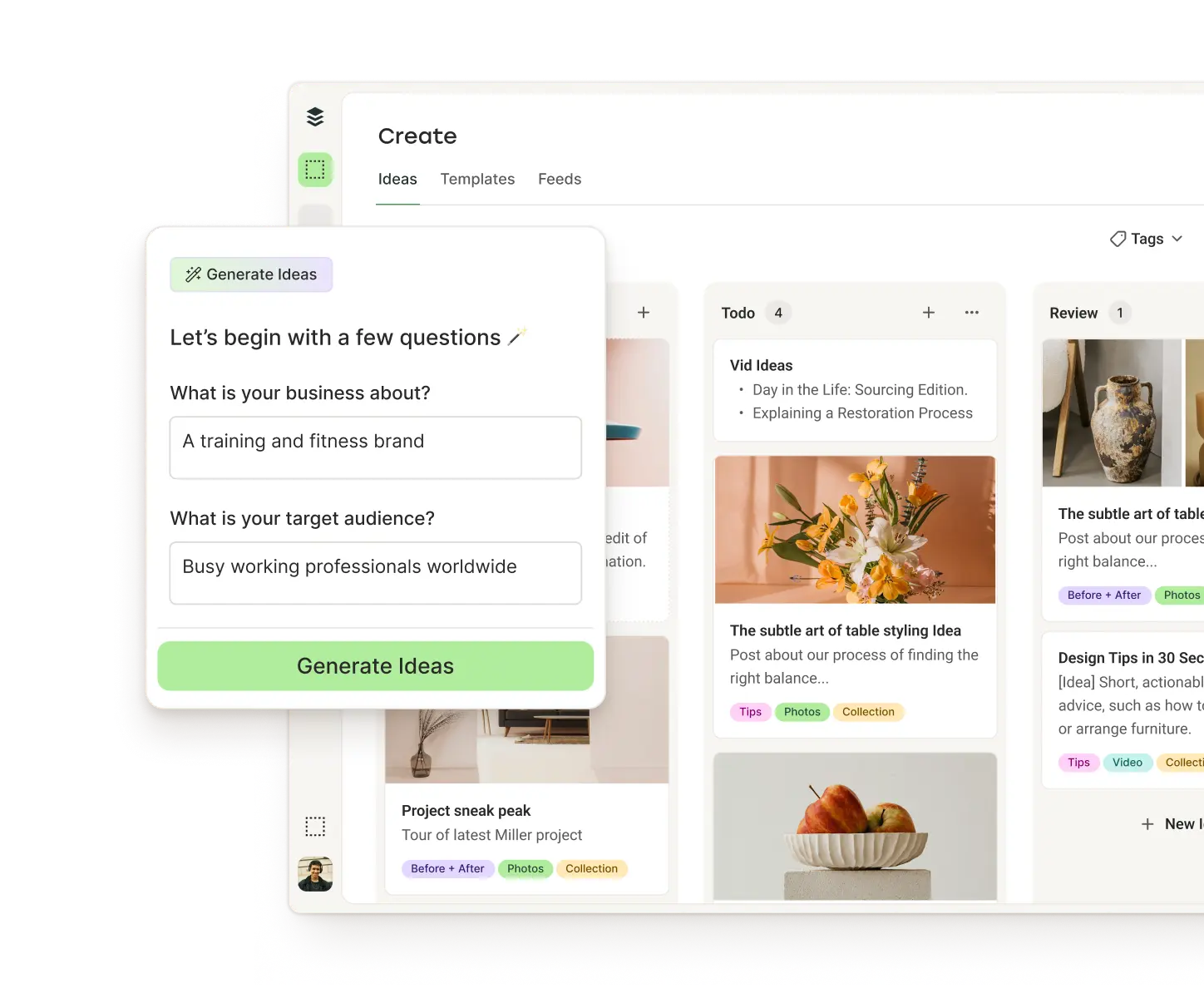 Buffer Create view with columns for ideas, drafts, and published posts, along with an AI assistant to generate ideas.