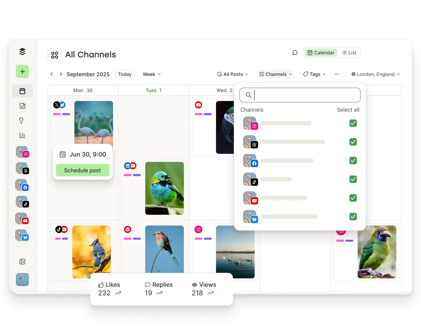 Buffer calendar view with upcoming posts and filters for channels, tags, and more.