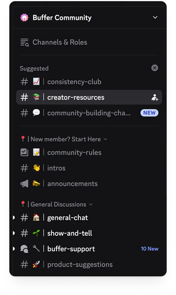 Discord channel sidebar with Buffer community channels for posting consistently, sharing creator resources, intros, show-and-tell, support, and more.