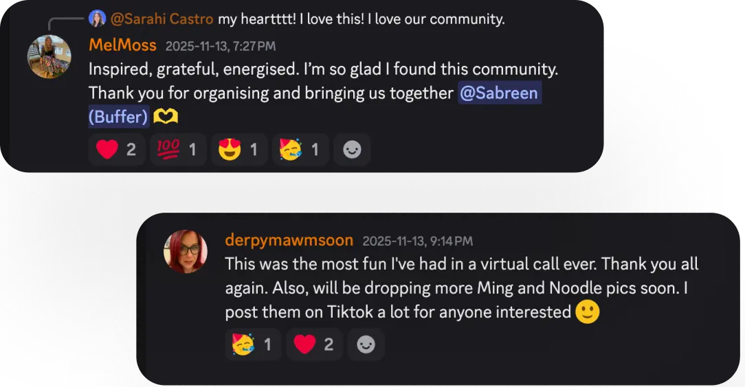 Buffer community Discord with live sessions for community learning, feedback, and creative inspiration.